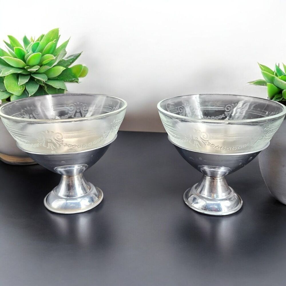2 MacBeth Evans Ice Cream 2 Part‎ Dishes Depression Glass Removable Chrome Stand